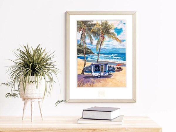 Poster of custom artwork of camping on a beach