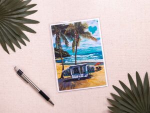 Individual postcard 2022 with custom beach camping art