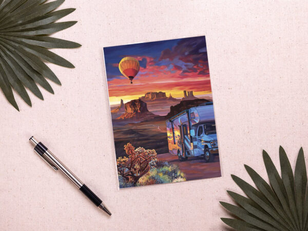 Note card with sunset camping artwork