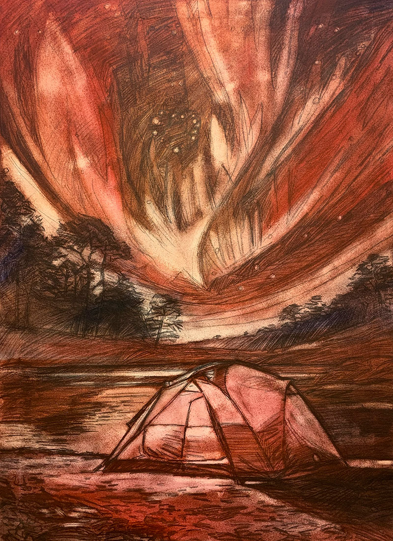 2025-Print-TentPainting_2 2025 Print "Beneath the Stars" Progress 2 - A lit tent sitting in front of a lake with northern lights in the night sky