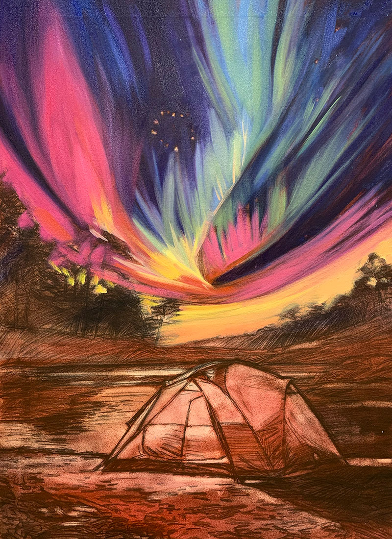 2025-Print-TentPainting_3 2025 Print "Beneath the Stars" Progress 3 - A lit tent sitting in front of a lake with northern lights in the night sky