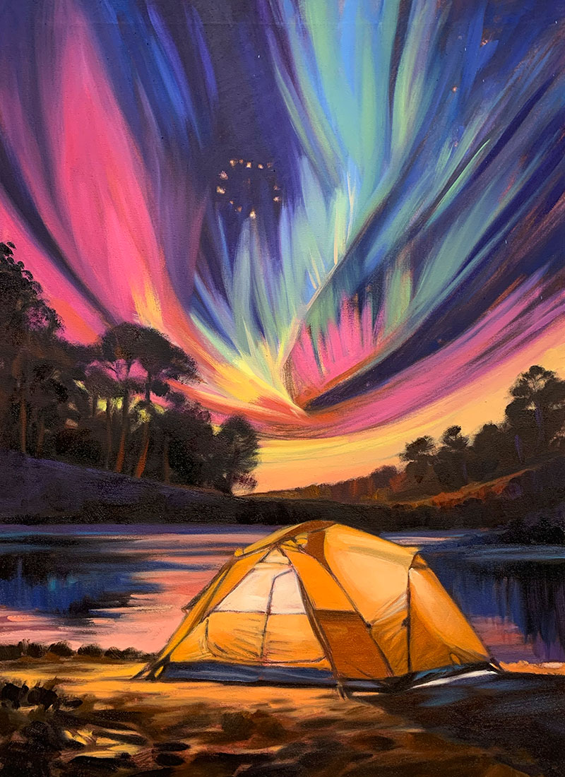 2025-Print-TentPainting_4 2025 Print "Beneath the Stars" Progress 4 - A lit tent sitting in front of a lake with northern lights in the night sky