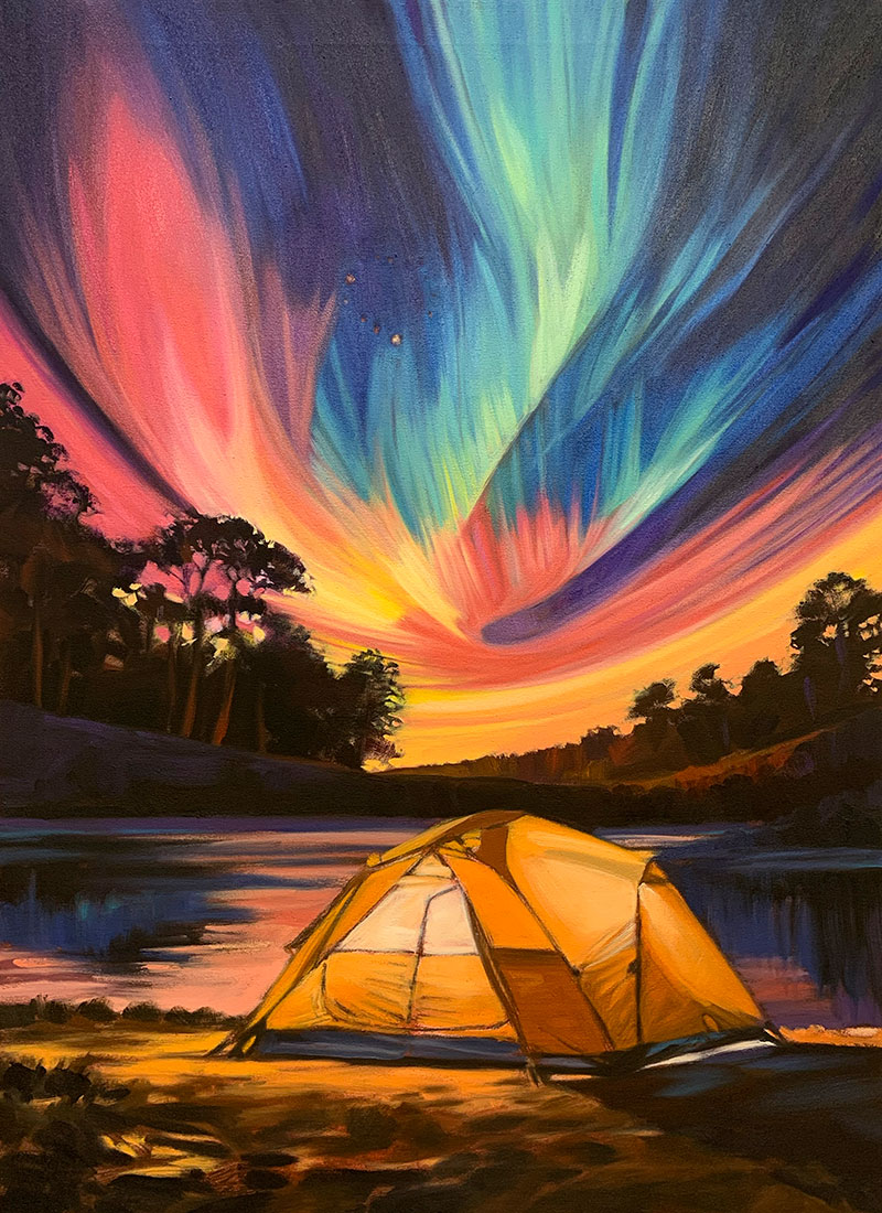 2025-Print-TentPainting_5 2025 Print "Beneath the Stars" Progress 5 - A lit tent sitting in front of a lake with northern lights in the night sky