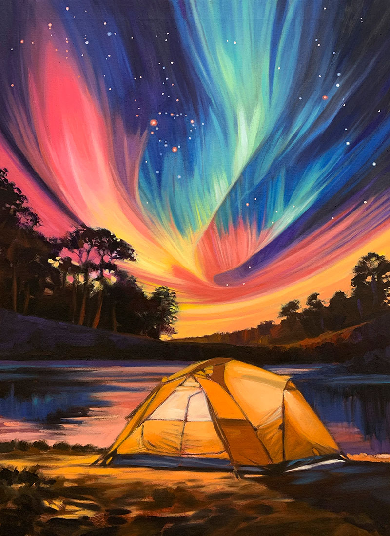 2025-Print-TentPainting_6 2025 Print "Beneath the Stars" Progress 6 - A lit tent sitting in front of a lake with northern lights in the night sky