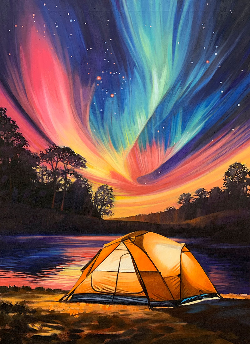 2025-Print-TentPainting_8 2025 Print "Beneath the Stars" Progress 8 - A lit tent sitting in front of a lake with northern lights in the night sky