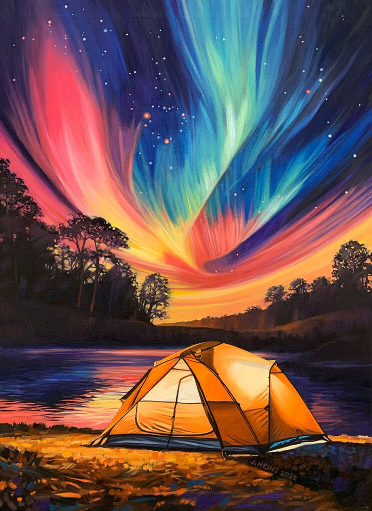 2025 Print "Beneath the Stars" Final artwork - Lit tent sitting in front of a lake at night with northern lights in the sky